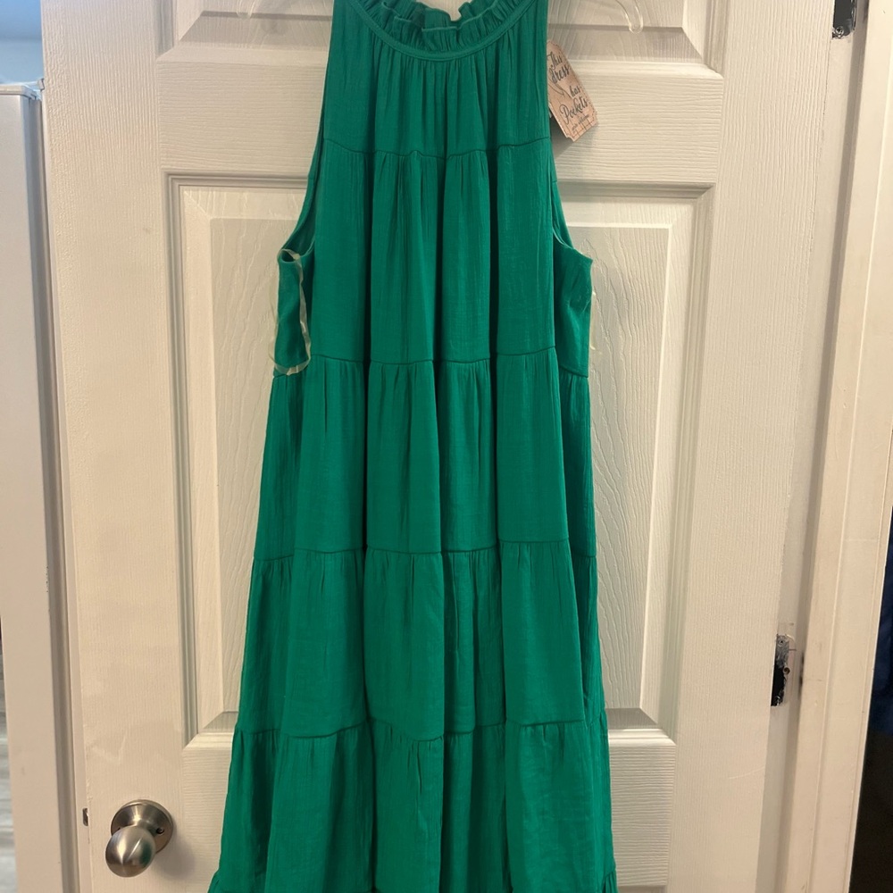 Green Ruffle Mock Neck Tiered Dress - Picture 6 of 9